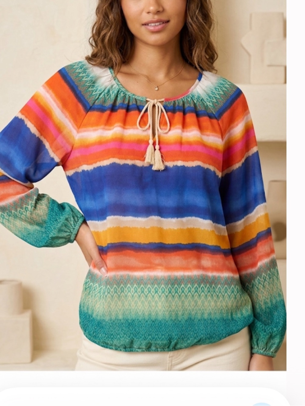 Studio jpr Bohemian Tie-Neck Multicolor Stripe‎ Peasant Blouse